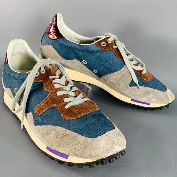 Size 11 Blue Grey Brown Color Block Canvas Suede Low Top Sneakers - Picture 1 of 11